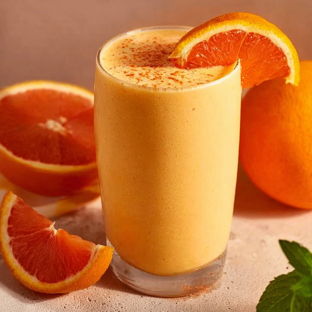 Delicious orange creamsicle smoothie in a glass with whipped cream topping