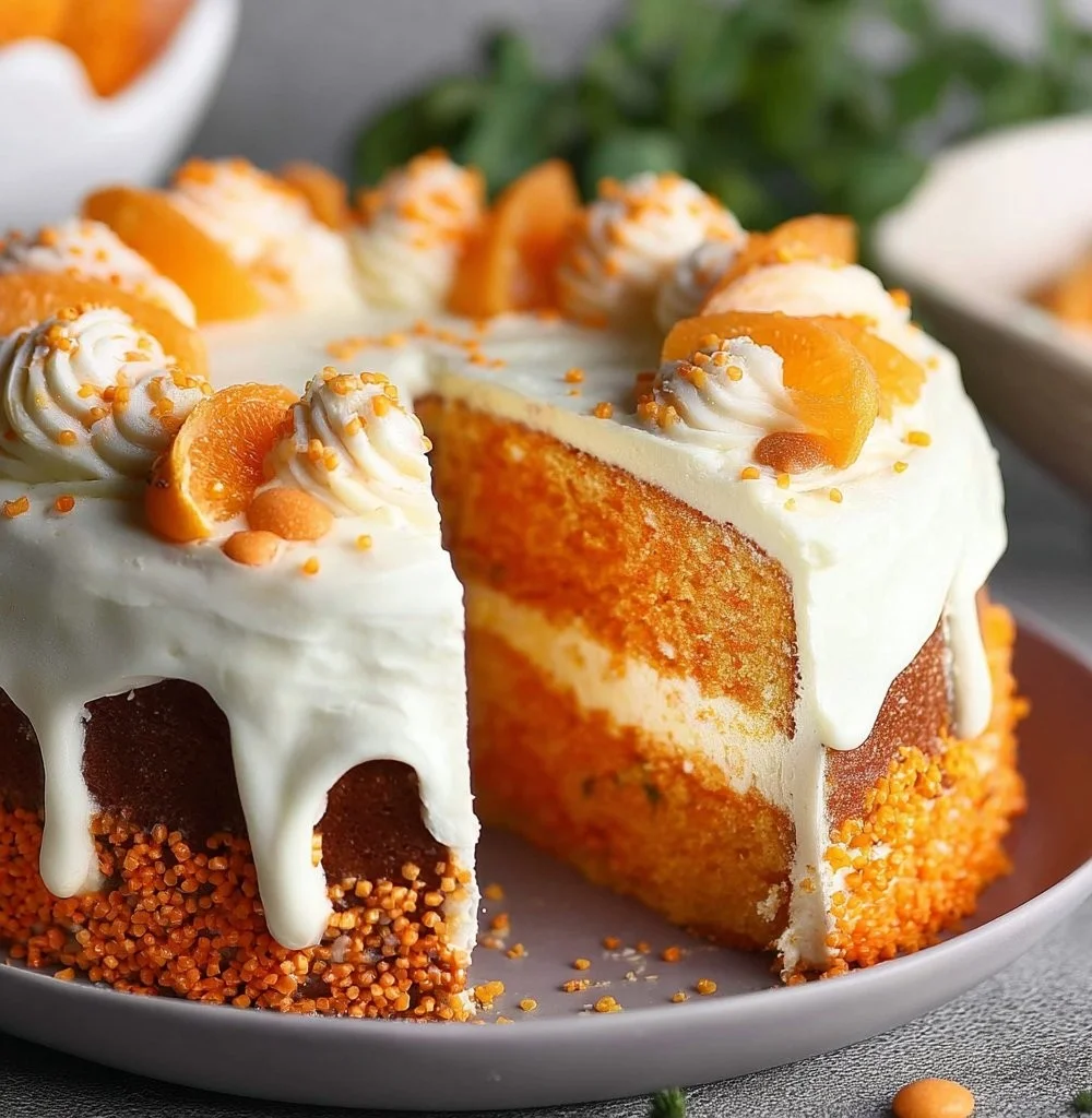 Delicious Orange Crush Cake topped with orange slices and frosting