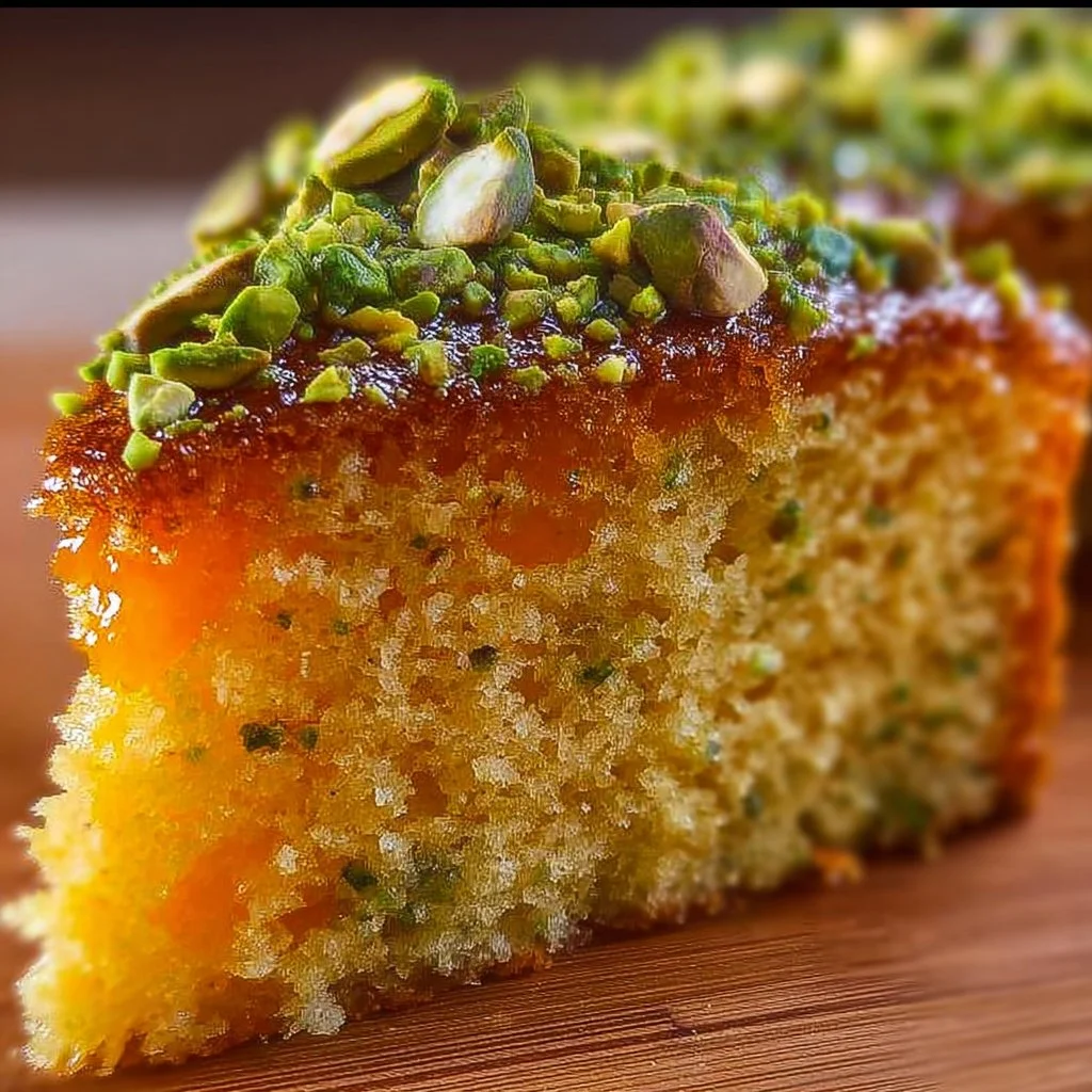 Slice of Orange Pistachio Cake with orange zest and pistachios on top