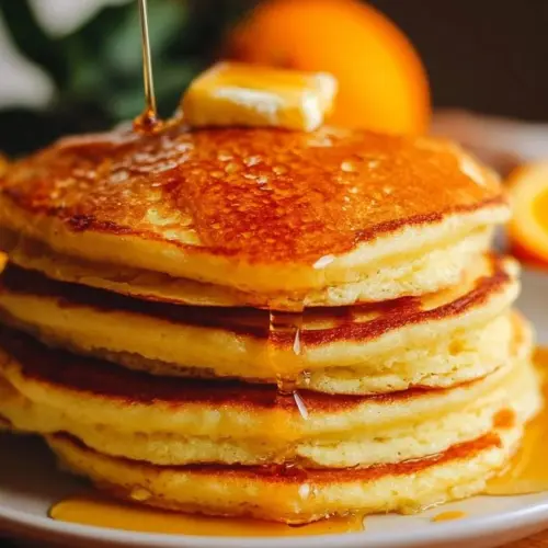 Delicious stack of orange ricotta pancakes topped with syrup and orange zest