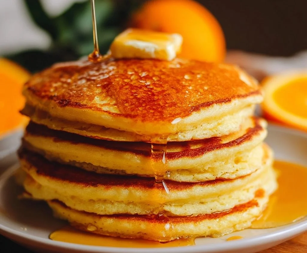 Delicious stack of orange ricotta pancakes topped with syrup and orange zest