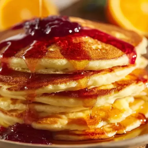 Fluffy Orange Ricotta Pancakes topped with fresh orange slices and syrup
