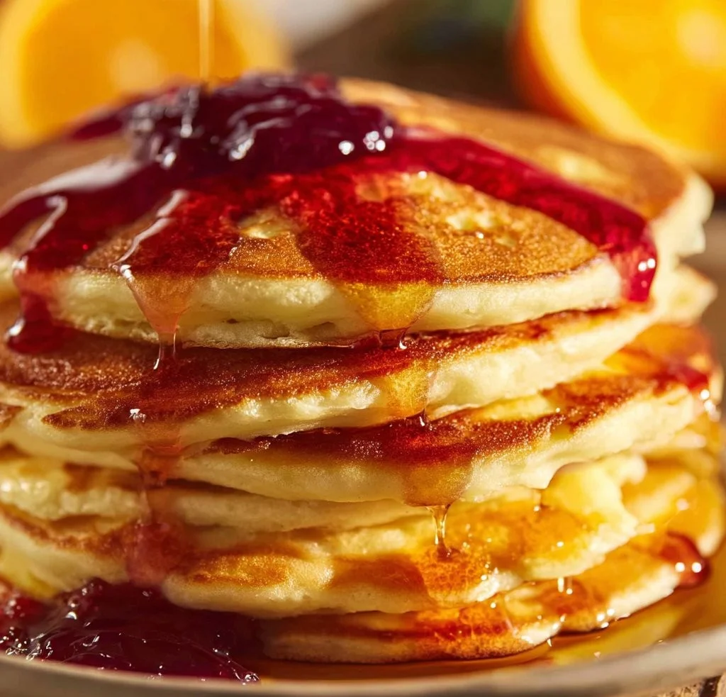 Fluffy Orange Ricotta Pancakes topped with fresh orange slices and syrup