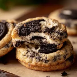 Delicious Oreo Cheesecake Cookies on a plate with Oreo crumbs