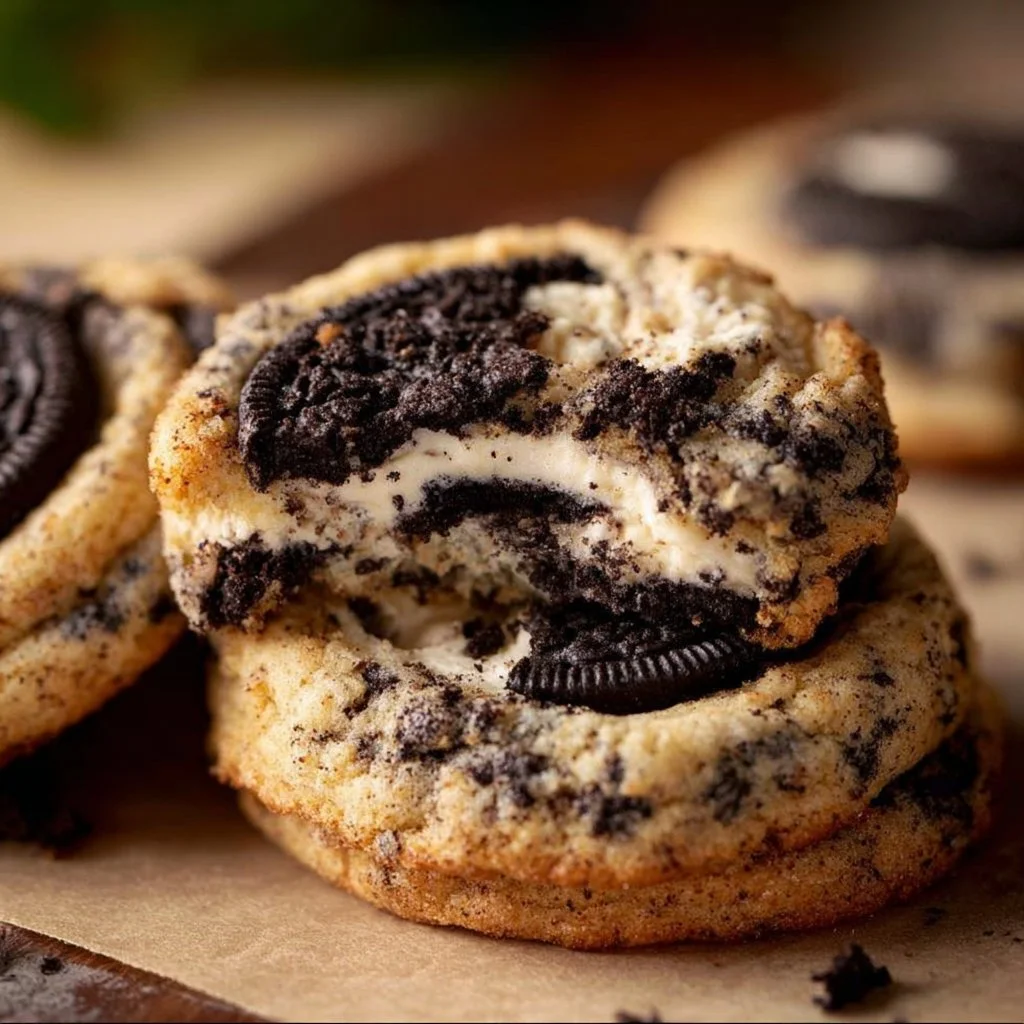 Delicious Oreo Cheesecake Cookies on a plate with Oreo crumbs
