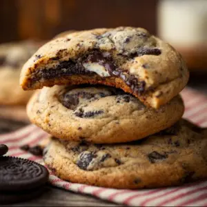 Oreo stuffed chocolate chip cookies with creamy filling and chocolate chips