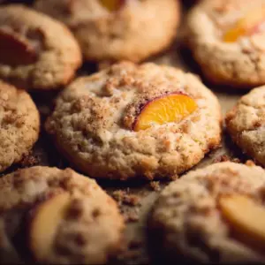 Plate of delicious Peach Cobbler Cookies with fresh peaches and crumble topping