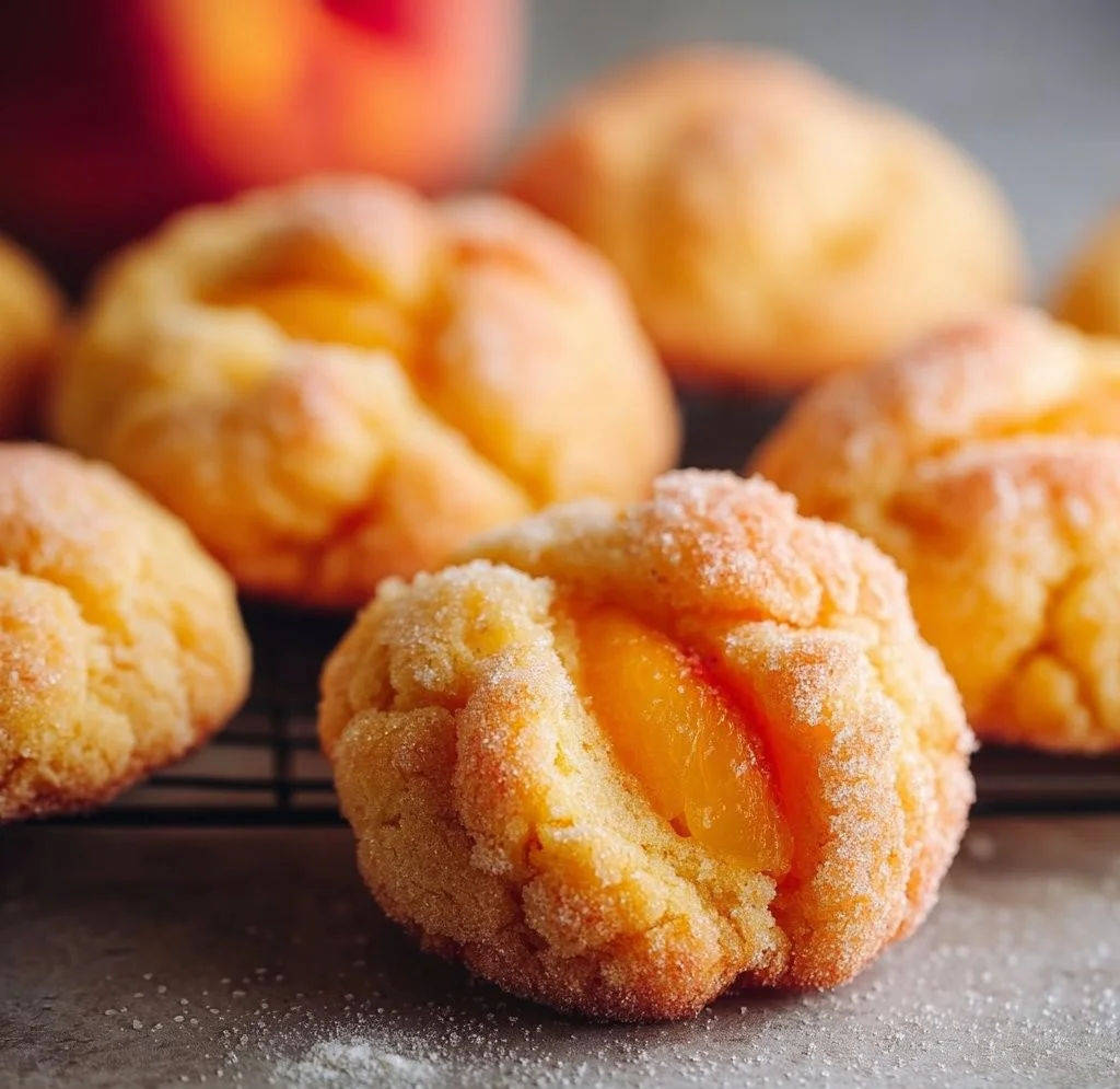 Freshly baked peach cookies on a plate with a sprinkle of sugar
