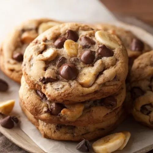 Homemade Peanut Butter Banana Chip Cookies on a baking tray