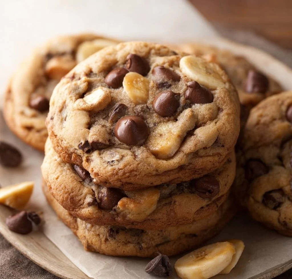 Homemade Peanut Butter Banana Chip Cookies on a baking tray
