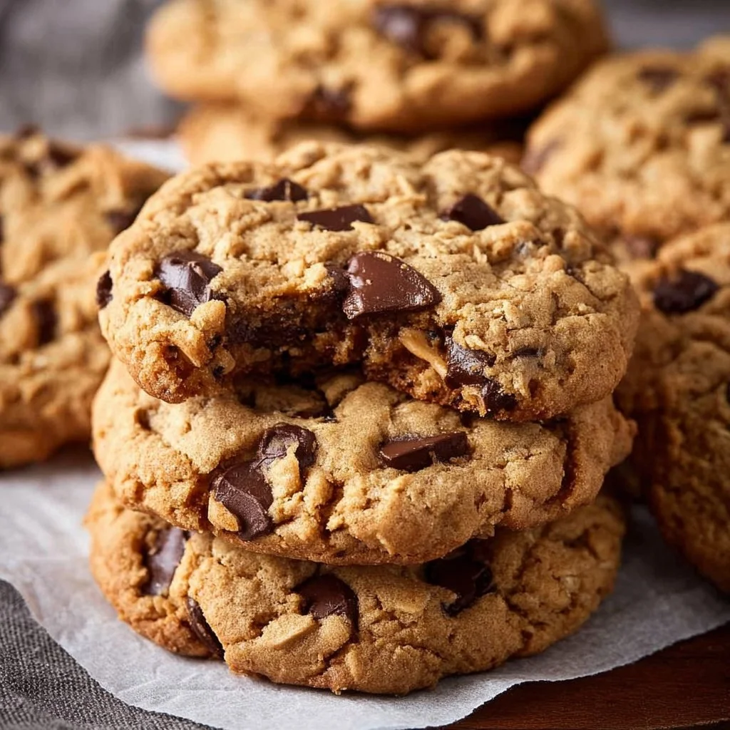 Peanut butter oatmeal chocolate chip cookies on a plate