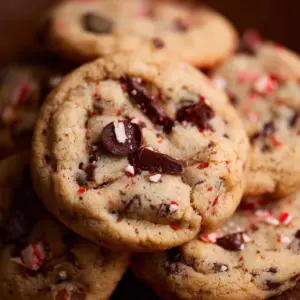 Freshly baked peppermint chocolate chip cookies on a cooling rack