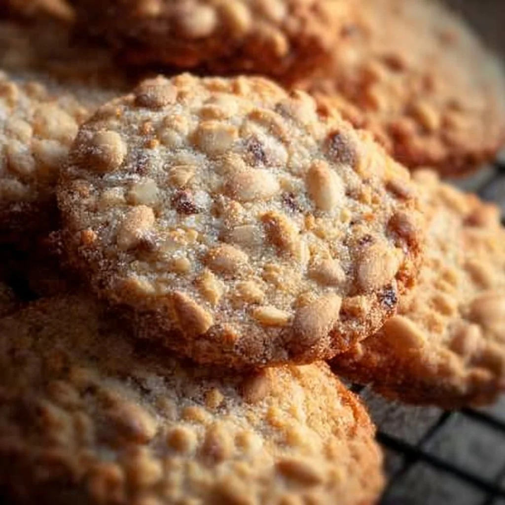 Freshly baked Pignoli Cookies topped with pine nuts, showcasing their delicious texture