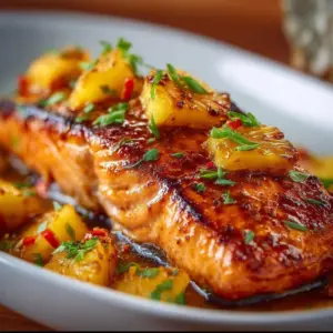Pineapple glazed salmon served on a plate with fresh herbs