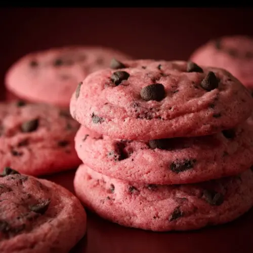 Pink velvet chocolate chip cookies with a vibrant pink hue and chocolate chips