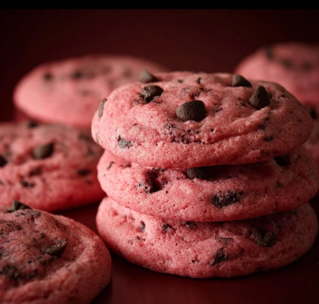 Pink velvet chocolate chip cookies with a vibrant pink hue and chocolate chips