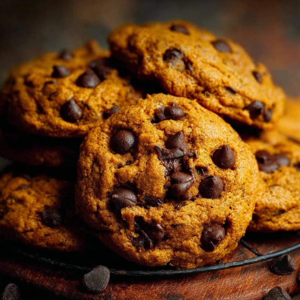 Freshly baked pumpkin chocolate chip cookies on a rustic wooden table.