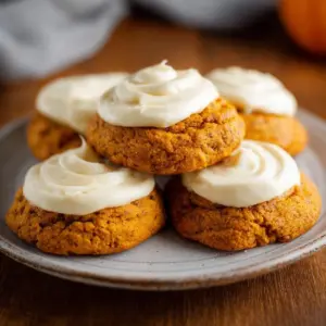 Delicious pumpkin cookies with cream cheese frosting on a wooden table.