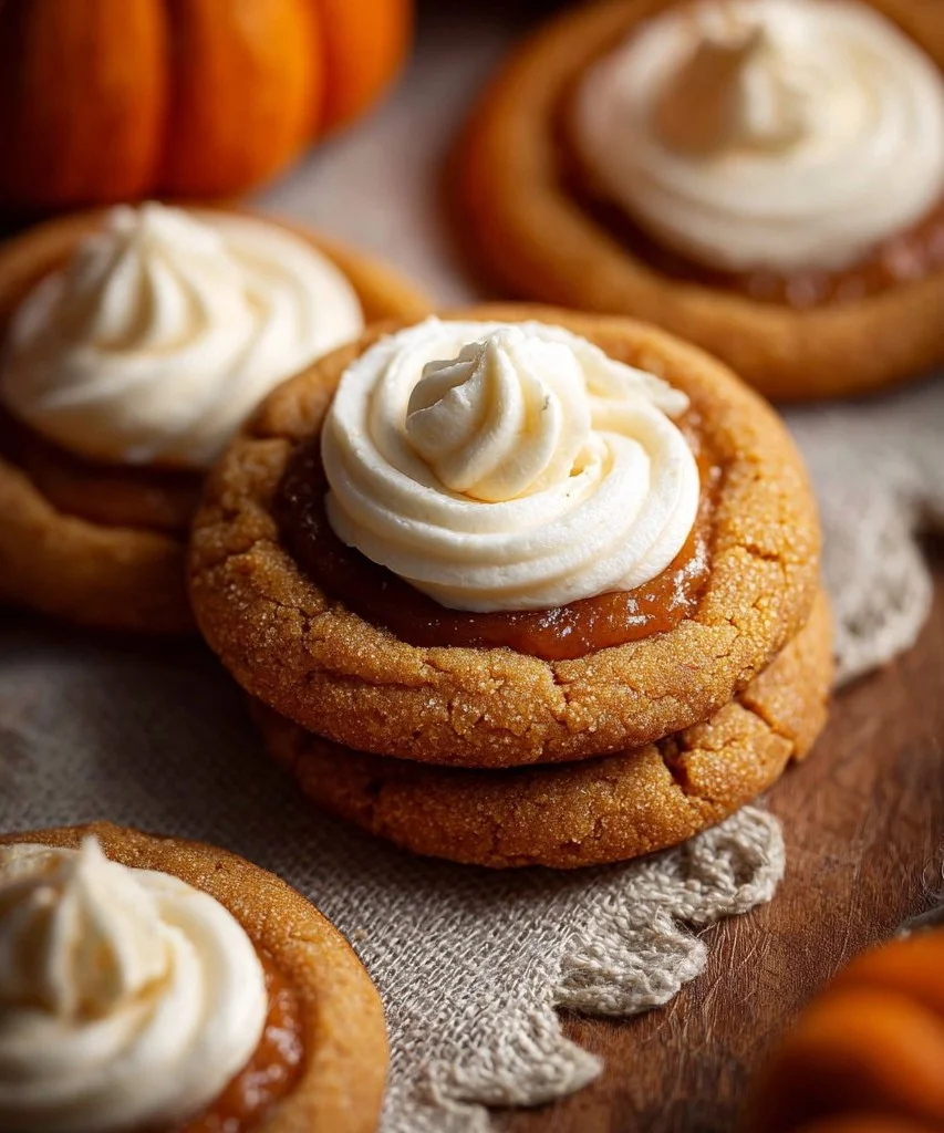 Freshly baked pumpkin pie cookies on a rustic wooden table