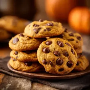 Delicious pumpkin spice chocolate chip cookies on a wooden table