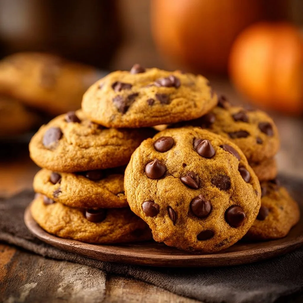 Delicious pumpkin spice chocolate chip cookies on a wooden table