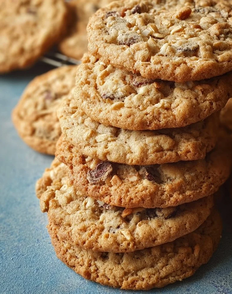 Delicious Ranger Cookies with oats, chocolate chips, and nuts on a plate.