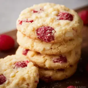 Delicious raspberry cheesecake cookies topped with fresh raspberries and a creamy filling.