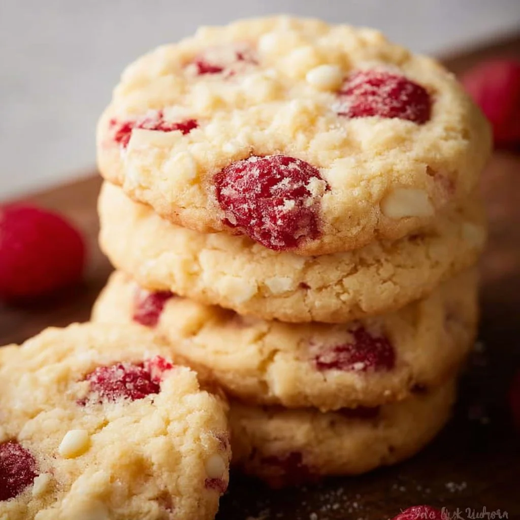 Delicious raspberry cheesecake cookies topped with fresh raspberries and a creamy filling.