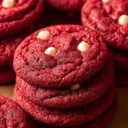 Freshly baked Red Velvet Cookies with cream cheese frosting