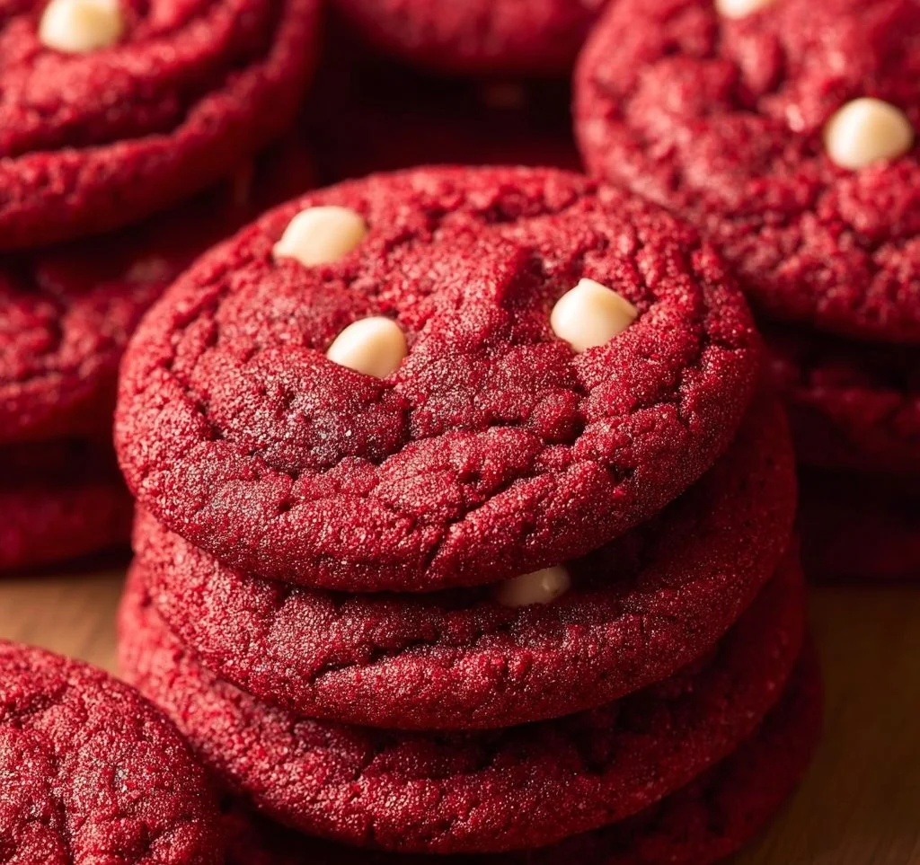 Freshly baked Red Velvet Cookies with cream cheese frosting