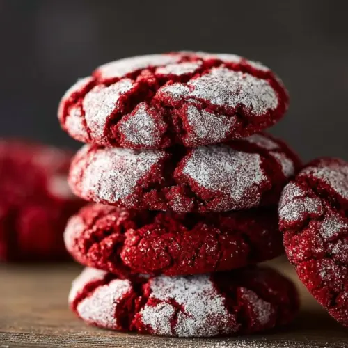 Freshly baked Red Velvet Crinkle Cookies with a powdered sugar coating.