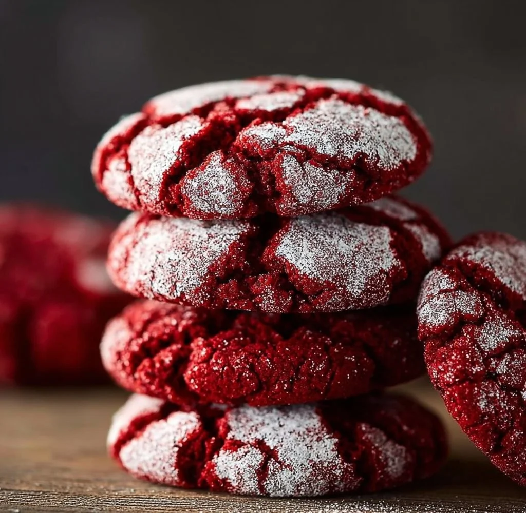 Freshly baked Red Velvet Crinkle Cookies with a powdered sugar coating.