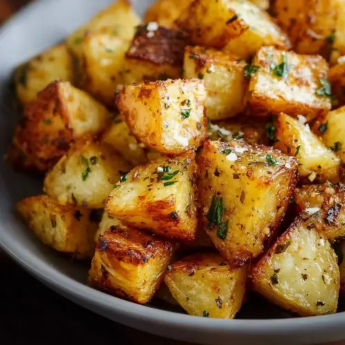 Delicious roasted air fryer diced potatoes served on a plate.