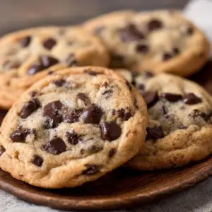 Freshly baked soft chocolate chip cookies on a wooden table