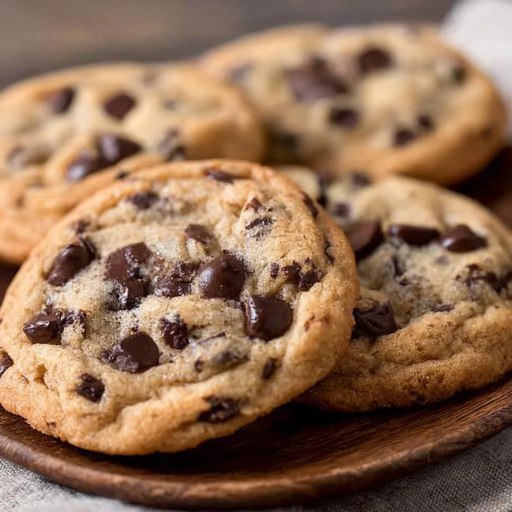 Freshly baked soft chocolate chip cookies on a wooden table
