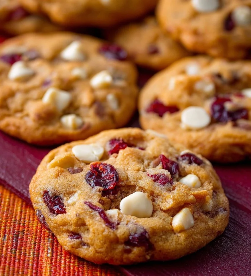 Delicious soft white chocolate chip cranberry cookies on a plate