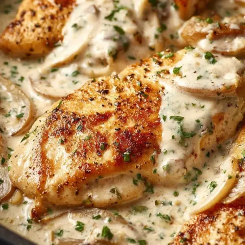Delicious Sour Cream and Onion Chicken garnished with herbs and served on a plate.