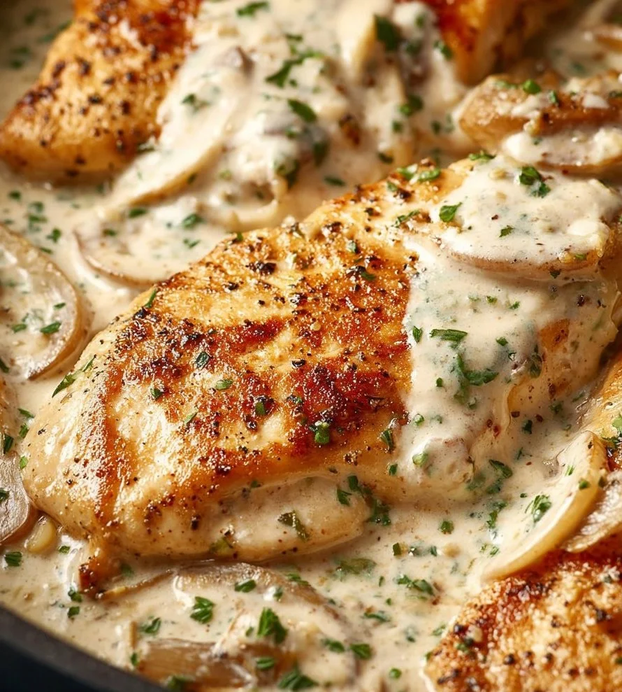 Delicious Sour Cream and Onion Chicken garnished with herbs and served on a plate.