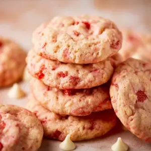 Delicious strawberry cake mix cookies on a plate topped with fresh strawberries.