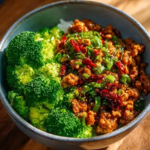 Sweet and Spicy Ground Turkey Broccoli Bowl served in a colorful dish