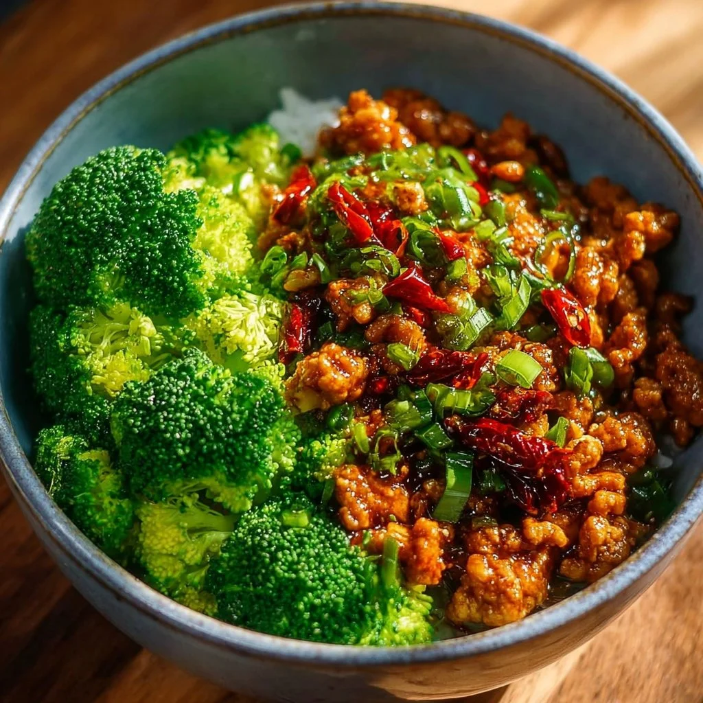 Sweet and Spicy Ground Turkey Broccoli Bowl served in a colorful dish