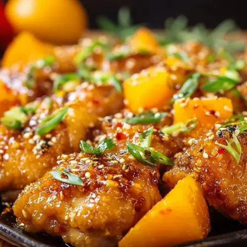 Plate of flavorful Tangerine Chicken with vibrant orange glaze and vegetables