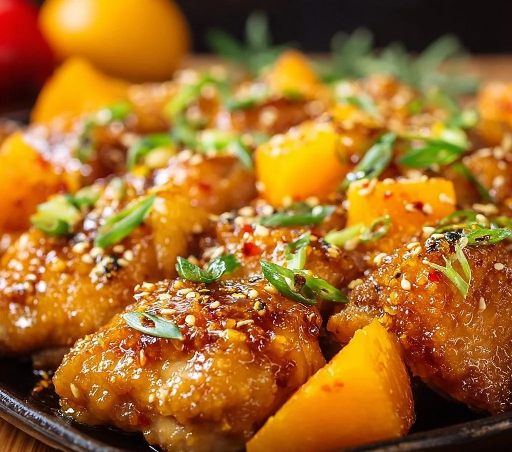 Plate of flavorful Tangerine Chicken with vibrant orange glaze and vegetables