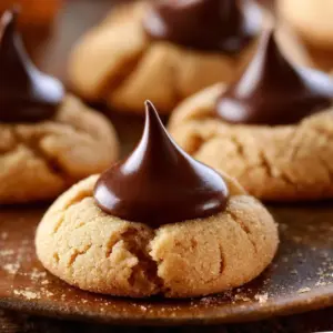 Delicious Thumbprint Hershey Kiss Cookies topped with chocolate kisses.