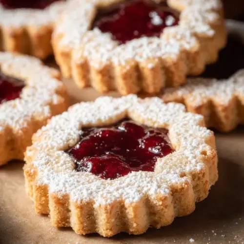 Delicious traditional Linzer cookies with jam filling and powdered sugar topping