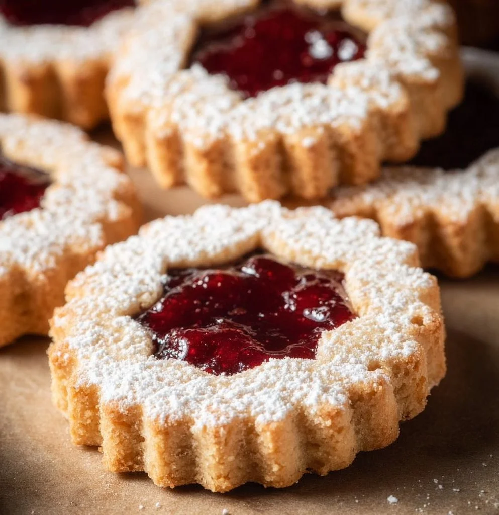 Delicious traditional Linzer cookies with jam filling and powdered sugar topping
