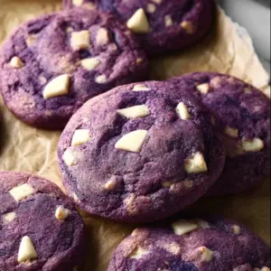 Delicious homemade ube cookies with a vibrant purple hue.