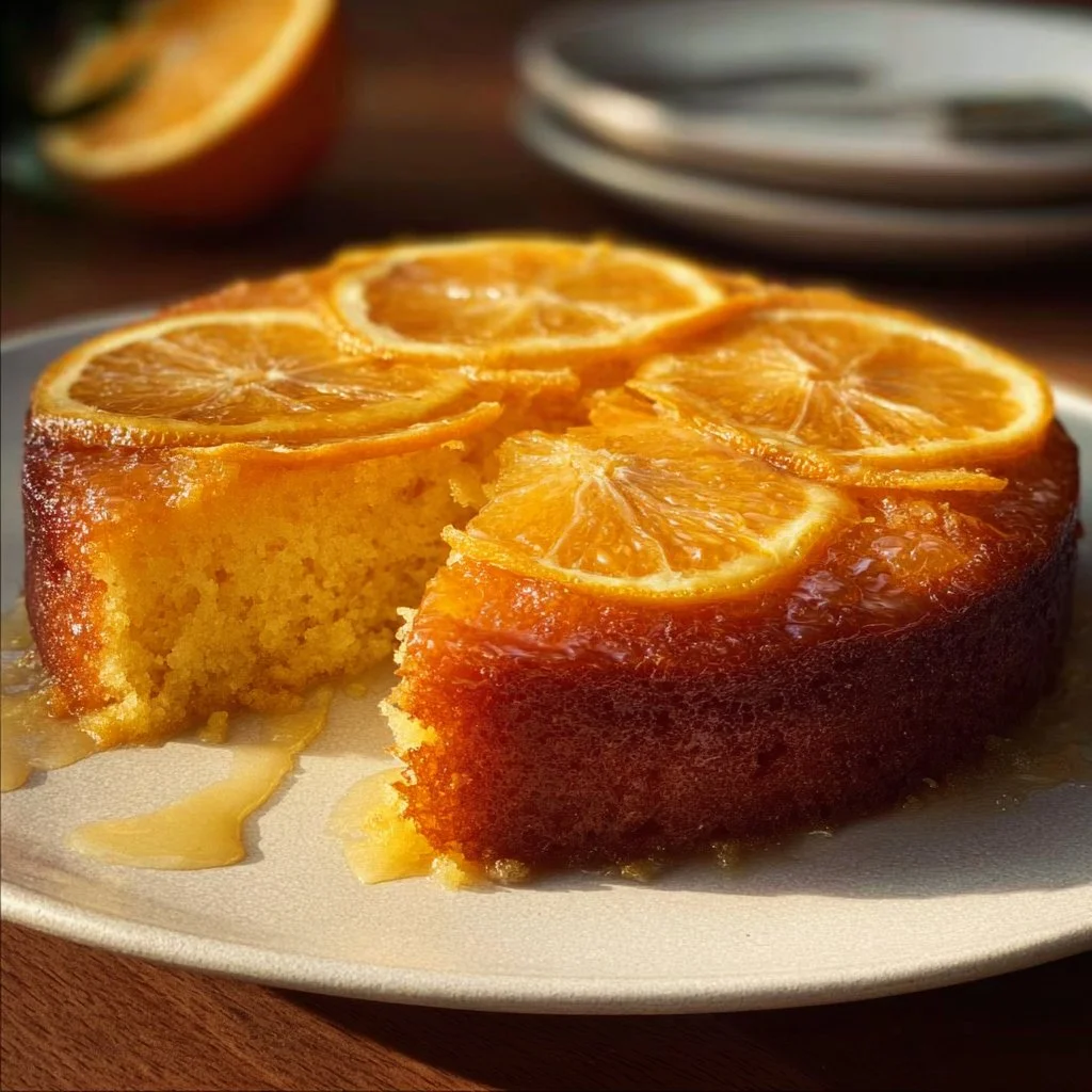 Delicious Upside Down Orange Cake showcasing vibrant orange slices on top.