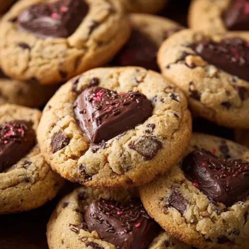 Valentine's Day chocolate chip cookies with heart-shaped decorations