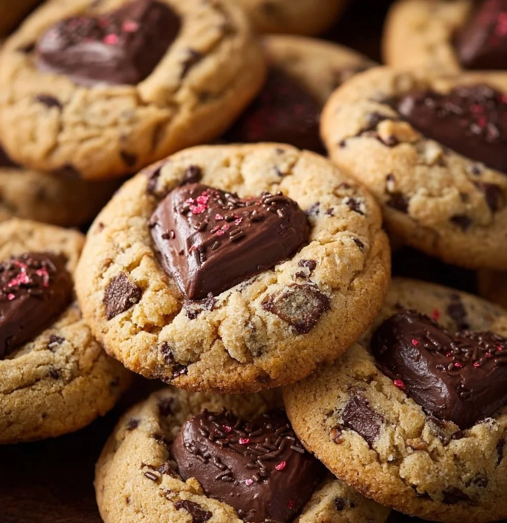 Valentine's Day chocolate chip cookies with heart-shaped decorations